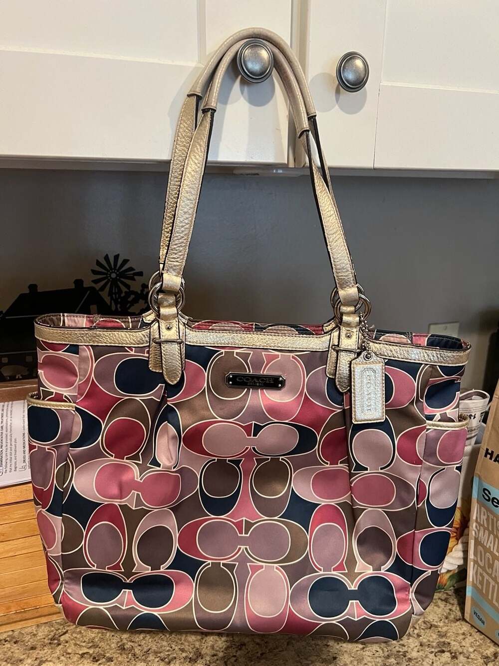 Coach Multicolor Op Art Satin and Leather Side Pocket Tote Bag F19819